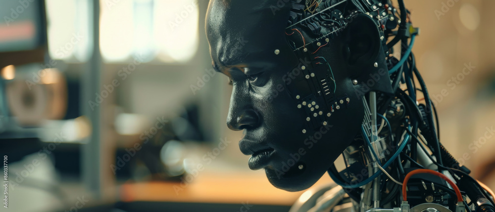 A humanoid robot with detailed wiring and circuits contemplates deeply in an environment that blends human and artificial elements. A humanoid robot with detailed wiring and circuits contemplates deeply in an environment that blends human and artificial elements.