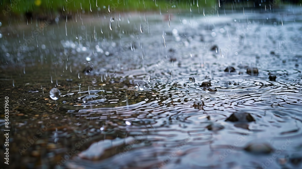 Fototapeta premium the imagery of torrential rainwater drops falling on asphalt floor captures the essence of a powerful natural phenomenon
