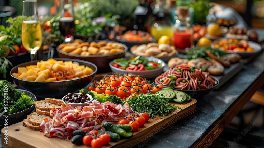 Obraz premium An enticing display of gourmet food arranged on wooden boards at a buffet.