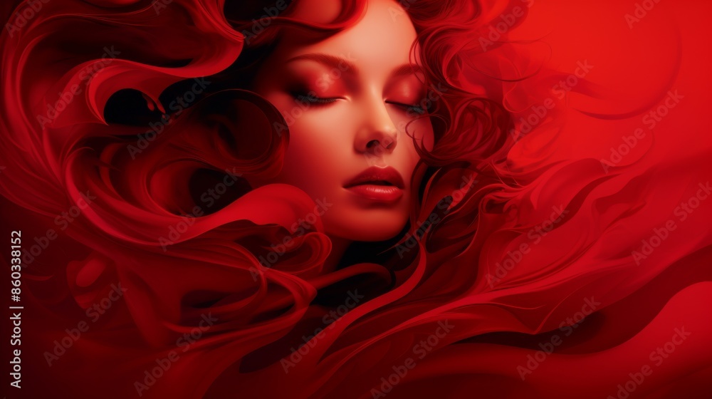 An artistic rendering of a woman with flowing hair in shades of red, merging with abstract shapes An artistic rendering of a woman with flowing hair in shades of red, merging with abstract shapes