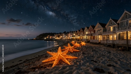 A scene of a coastal town where starfish are revered as celestial messengers, each marking a significant event ai_generated photo