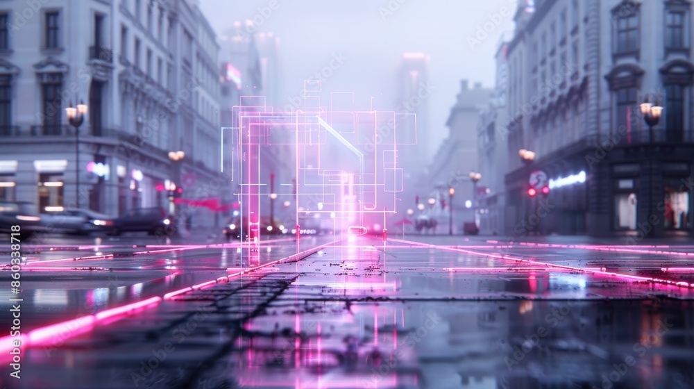 Naklejka premium Futuristic cityscape with neon lights and foggy atmosphere, creating a sci-fi urban ambiance. Ideal for tech and futuristic themes.