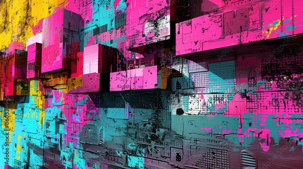 Fototapeta premium Vibrant abstract digital pixel design with graffitistyle street art on a 3D textured wall.