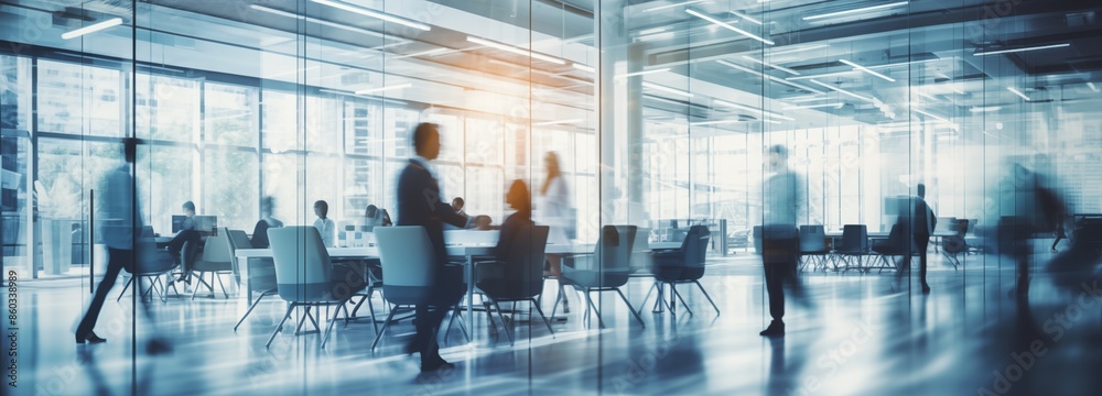 A modern office building with glass walls and windows, showcasing blurred silhouettes of business people walking through the space