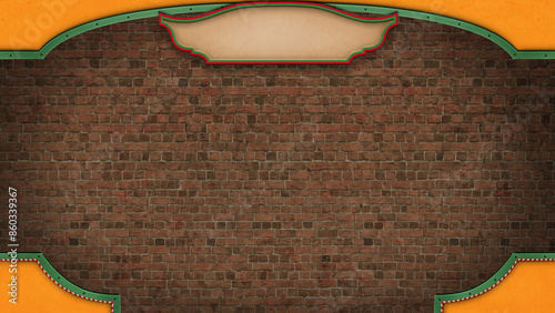 Fantasy background with yellow frame on brick wall and banner