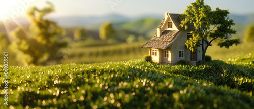 A miniature house sitting idyllically on a grassy hill bathed in golden sunlight, suggesting a storybook scene of tranquility and charm. photo