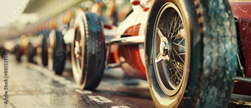A close-up view of vintage race cars' wheels lined up on a track, capturing the excitement of an upcoming classic car race.