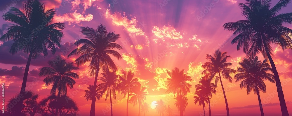 Striking silhouette of palm trees against a vibrant sunset, featuring hues of pink, purple, and orange. Striking silhouette of palm trees against a vibrant sunset, featuring hues of pink, purple, and orange.
