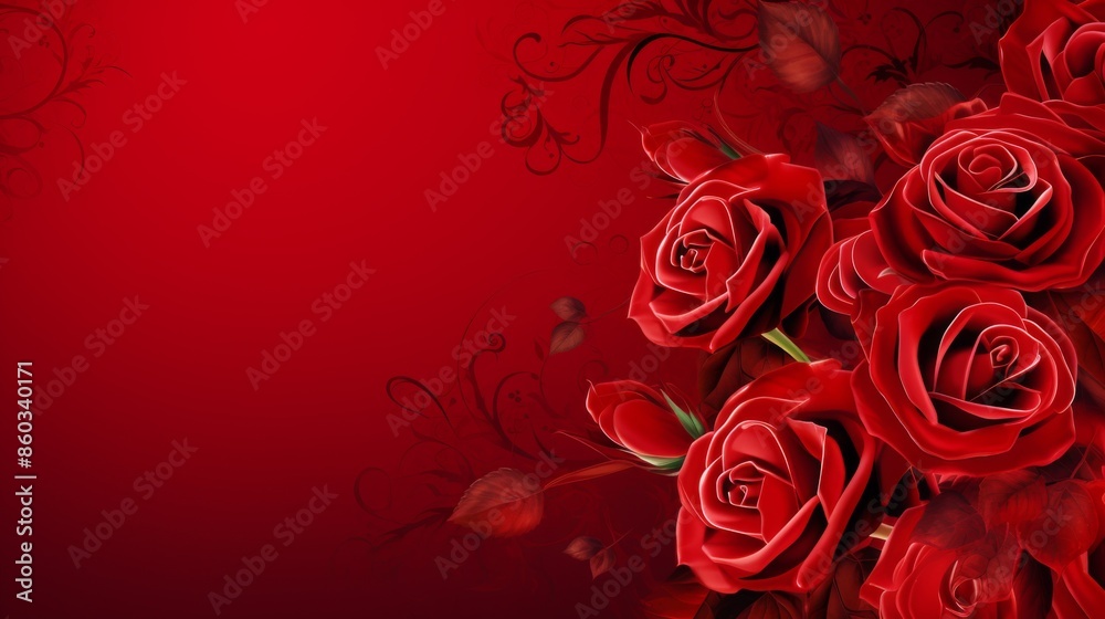 A series of elegant red roses with decorative flourishes on a rich, dark red background, conveying luxury and romance
