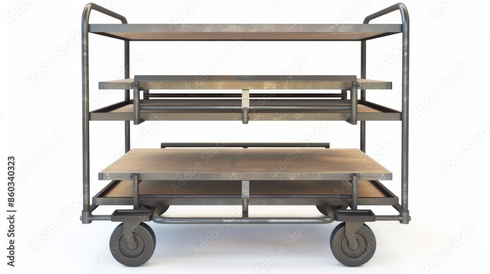 Trolleys: Wheeled carts for transporting items in warehouses or storage areas isolated on white background Trolleys: Wheeled carts for transporting items in warehouses or storage areas isolated on white background