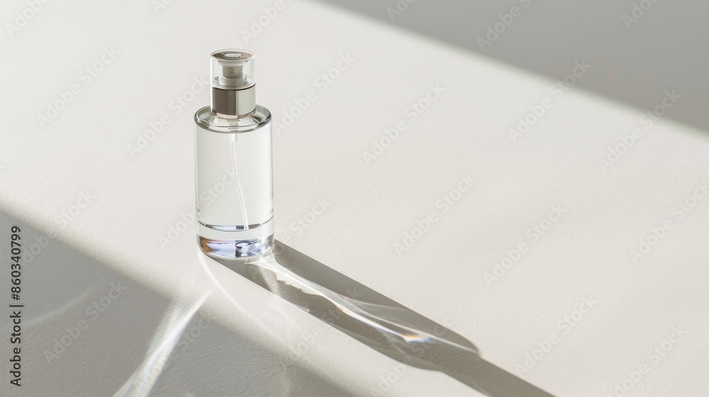 Single, translucent glass spray bottle with silver top, angled shadow on white background. Single, translucent glass spray bottle with silver top, angled shadow on white background.