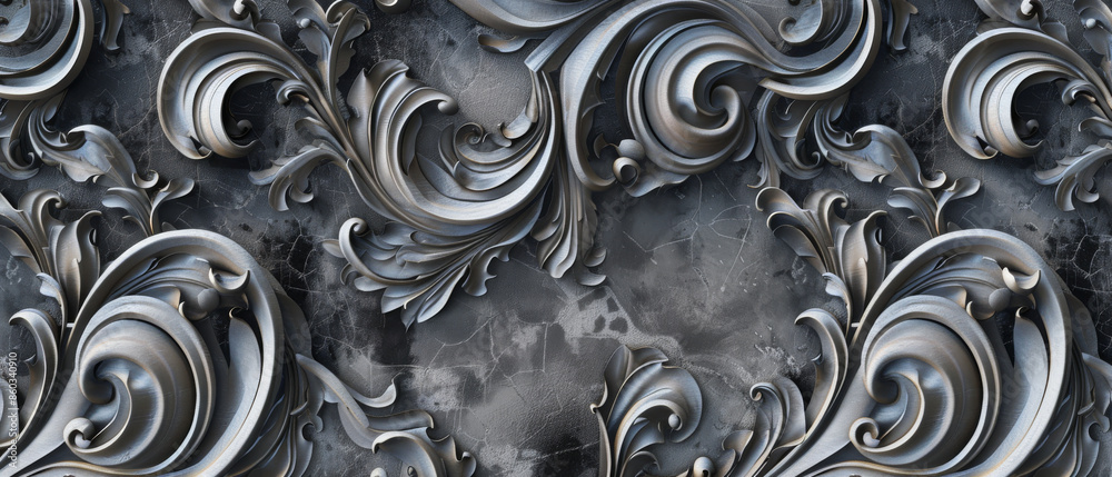 Ornate, swirling silver patterns and textures blend seamlessly into a dark, cracked background creating a dramatic and luxurious visual effect. Ornate, swirling silver patterns and textures blend seamlessly into a dark, cracked background creating a dramatic and luxurious visual effect.