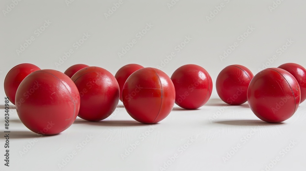 Semicircular arrangement of vibrantly colored red medicine balls on isolated white background Semicircular arrangement of vibrantly colored red medicine balls on isolated white background