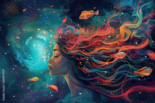 Mythical Wonder: 2D Illustration of a Woman Wearing a Breathtaking Coral Crown that Mimics the Cosmos, with Fish Glowing like Starlight photo