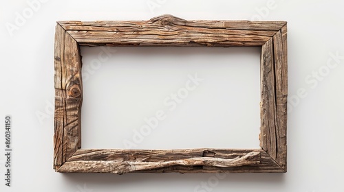 Rustic wooden photo frame, white background, roughcut wood, weathered finish photo