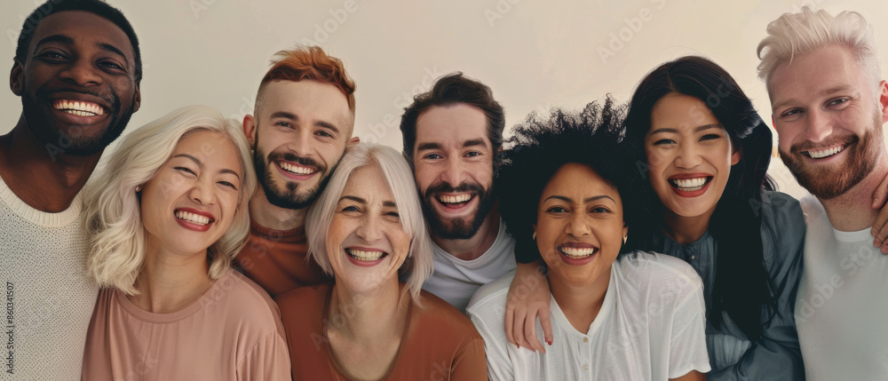 A diverse group of people smiles warmly and leans towards the camera, exuding a sense of unity and happiness in a bright, serene setting.