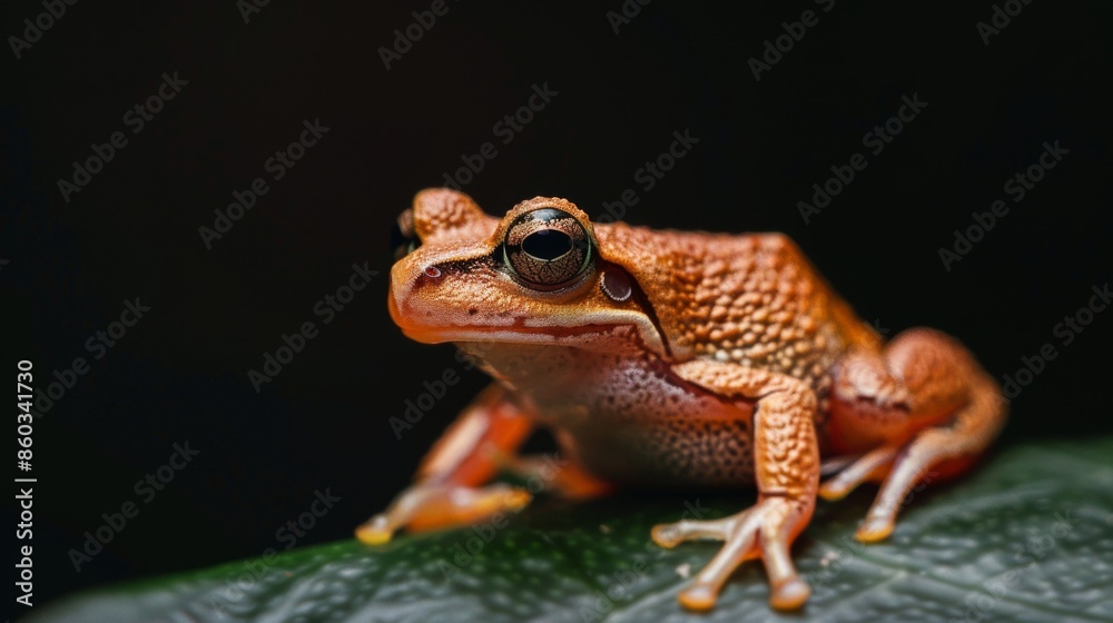 Detailed shot of a small orange frog with prominent eyes on a dark leaf, emphasizing contrast Detailed shot of a small orange frog with prominent eyes on a dark leaf, emphasizing contrast