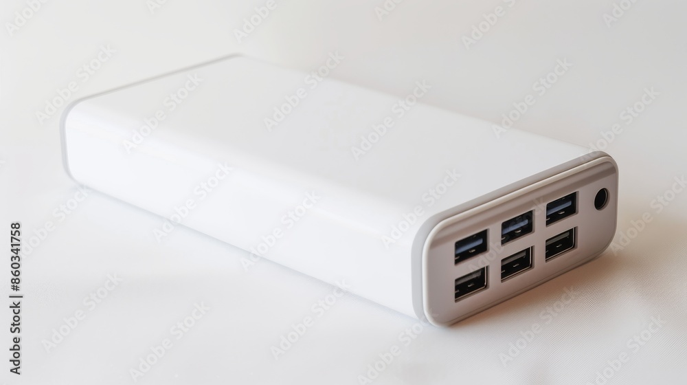 Portable white power bank with triple USB ports isolated on white backdrop. Portable white power bank with triple USB ports isolated on white backdrop.