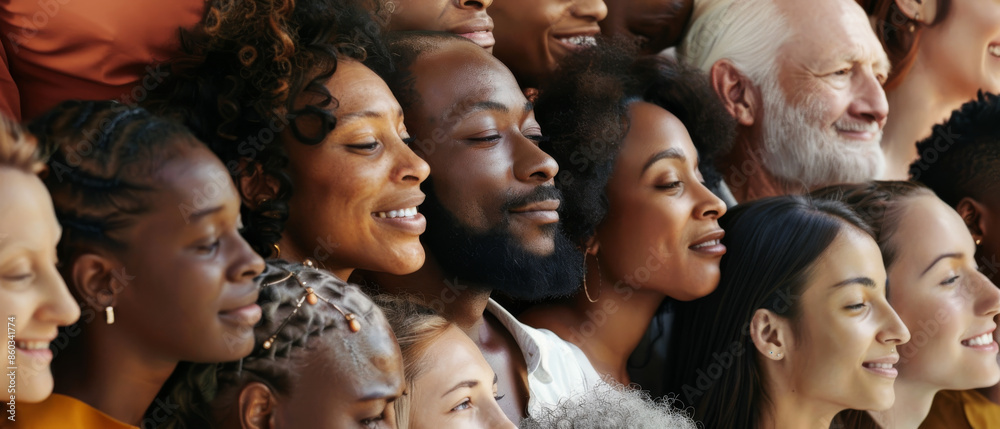 A diverse group of people standing in close proximity with their eyes closed, symbolizing unity and peace. A diverse group of people standing in close proximity with their eyes closed, symbolizing unity and peace.