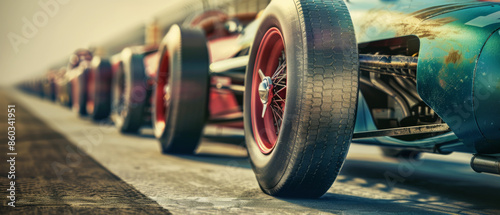 A close-up view of vintage race cars' wheels ready for a classic car race, capturing the nostalgic feel of motorsport's golden era.