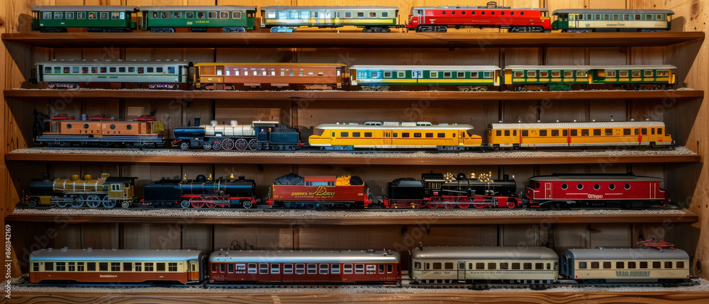 Neatly arranged model trains of different styles and periods, meticulously displayed on multiple shelves, evoking nostalgia. Neatly arranged model trains of different styles and periods, meticulously displayed on multiple shelves, evoking nostalgia.