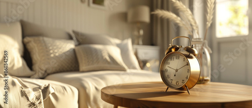 Cozy bedroom scene with soft sunlight streaming through the window, highlighting a golden alarm clock on a table in the foreground. photo
