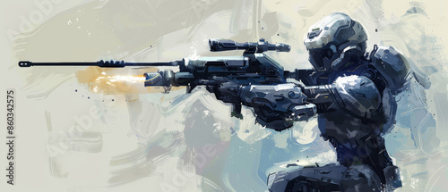 An armored futuristic soldier aims a high-tech sniper rifle, appearing prepared and focused in a dynamic, sci-fi environment.