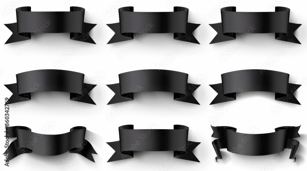 A collection of 3D-rendered black ribbon banners in assorted styles against a uniform white background A collection of 3D-rendered black ribbon banners in assorted styles against a uniform white background