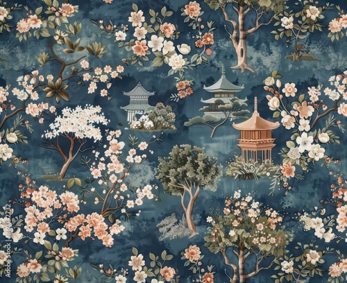 A blue and pink floral print with trees and buildings, Oriental Garden, Asian pagodas and trees with flowers on blue, Scenic Design