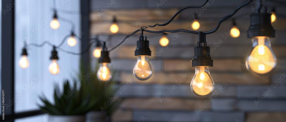 A beautifully lit indoor space decorated with a string of warm, glowing vintage light bulbs, creating a cozy and atmospheric setting suitable for gatherings and relaxation. A beautifully lit indoor space decorated with a string of warm, glowing vintage light bulbs, creating a cozy and atmospheric setting suitable for gatherings and relaxation.