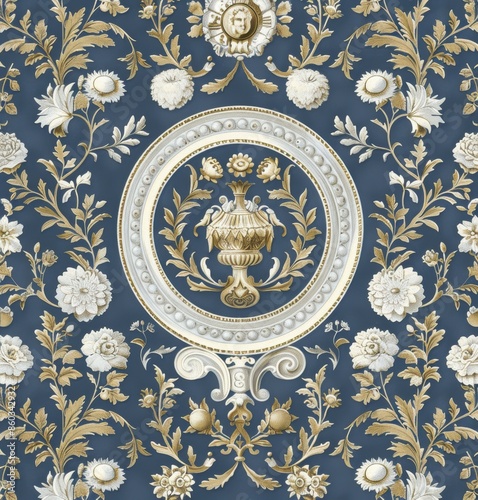 A blue and gold floral wallpaper with a vase in the center. The vase is surrounded by flowers and leaves, and the design is ornate and intricate. The wallpaper has a vintage feel to it