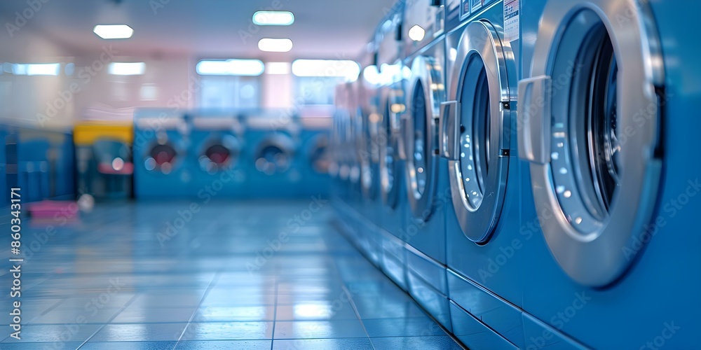 Row of public washing machines in a laundromat. Concept Laundromat Scene, Public Washing Machines, Laundry Day