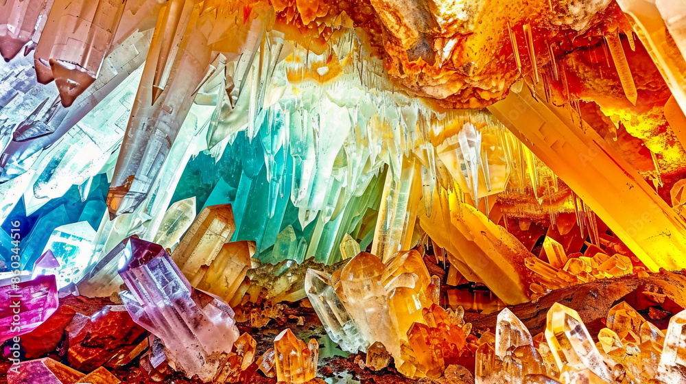 Fototapeta premium A stunning underground cave filled with vibrant, multicolored crystals, creating a dazzling and otherworldly natural wonder. 
