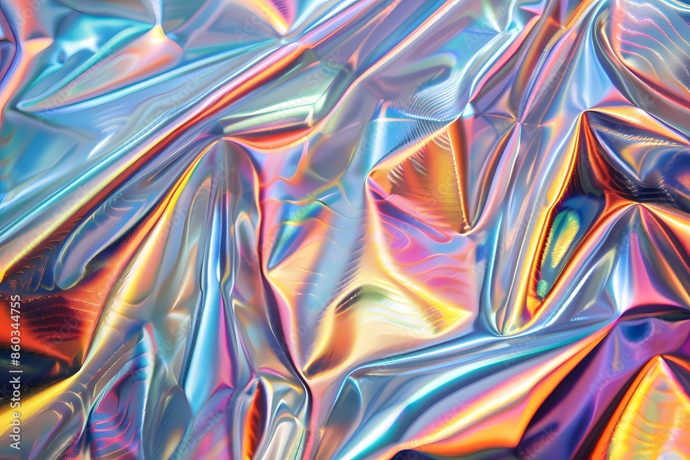An abstract digital illustration with iridescent folds and vibrant light reflections in blue, orange, and pink hues. An abstract digital illustration with iridescent folds and vibrant light reflections in blue, orange, and pink hues.