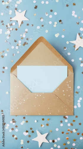 Empty blank card in kraft paper envelope on pastel blue background decorated with confetti star. Christmas, New Year, winter holiday invitation mockup 