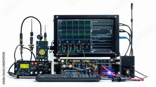 Network Analyzer: Measures and analyzes the performance of RF and microwave components isolated on white background