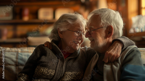 Elderly couple embracing on cozy couch