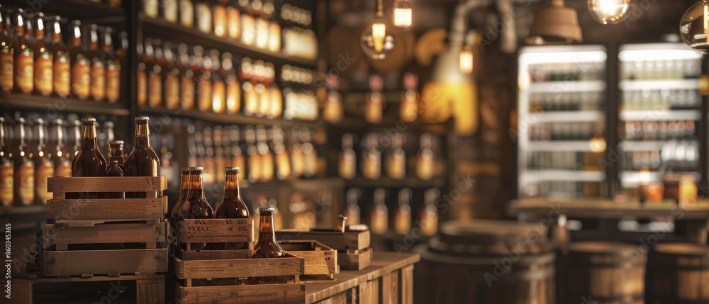 Rustic bar interior featuring a variety of spirits in wooden crates, creating a warm and inviting ambiance amidst a cozy, dimly lit setting. Rustic bar interior featuring a variety of spirits in wooden crates, creating a warm and inviting ambiance amidst a cozy, dimly lit setting.