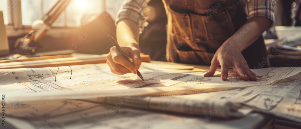 Obraz premium A person meticulously drafting architectural plans on a large work table, warmly lit by natural light pouring through windows.