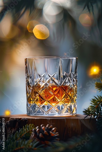 A glass of whiskey on a wooden table.