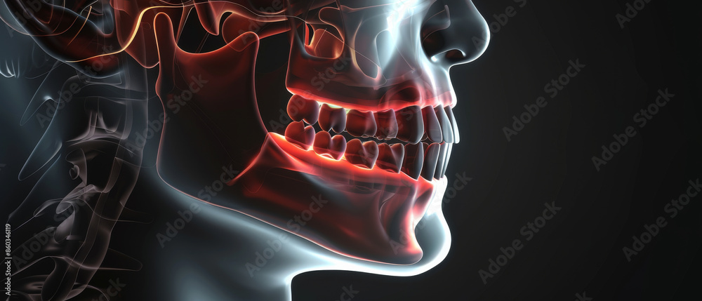 An illuminated, realistic X-ray view of a human skull and jawbone ...