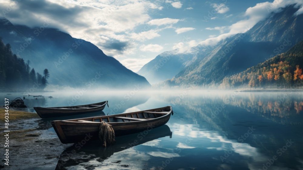 A captivating photo of canoes on a foggy lake amidst autumn colored forest and towering mountains