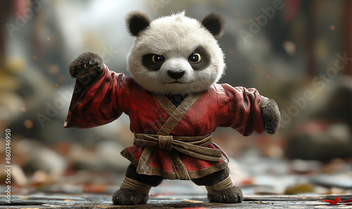 Cartoon 3d panda practices kung fu in an autumn forest.