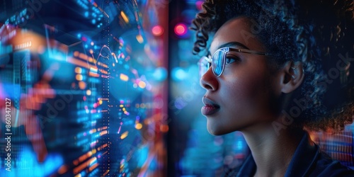 AI cyber female IT specialist analyzing artificial intelligence threats to consumer data and privacy leaks. Technology cyberspace software analyst.