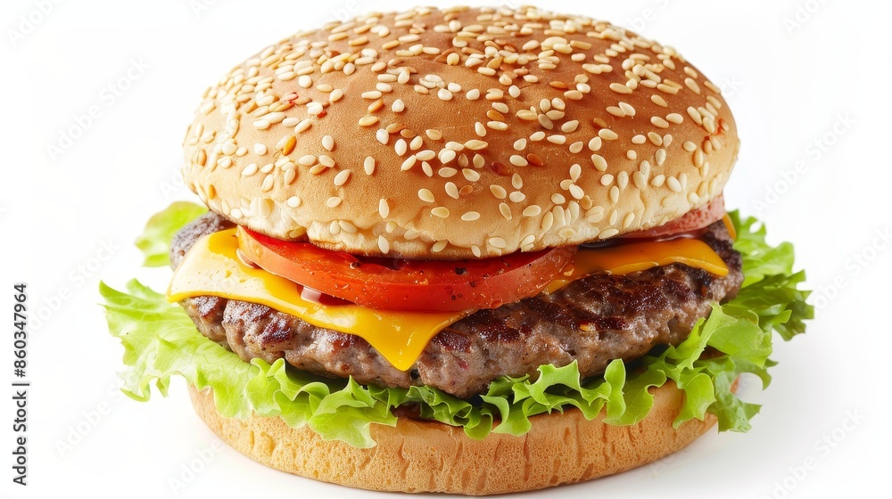 Classic cheeseburger with sesame seed bun, lettuce, tomato, cheese, on white background