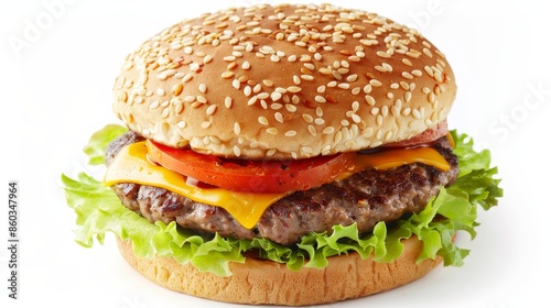Classic cheeseburger with sesame seed bun, lettuce, tomato, cheese, on white background