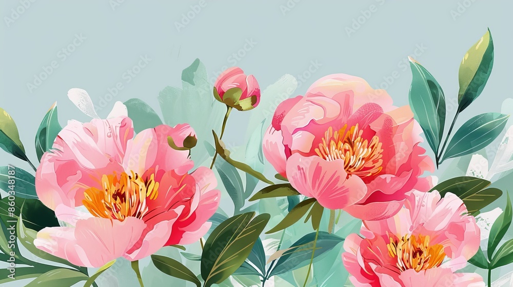 Obraz premium Charming pink peonies with vivid green leaves adorn a serene light blue backdrop in this captivating illustration.