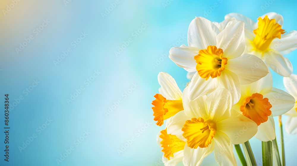 Spring flower background Daffodils against a blue sky with copy space : Generative AI Spring flower background Daffodils against a blue sky with copy space : Generative AI