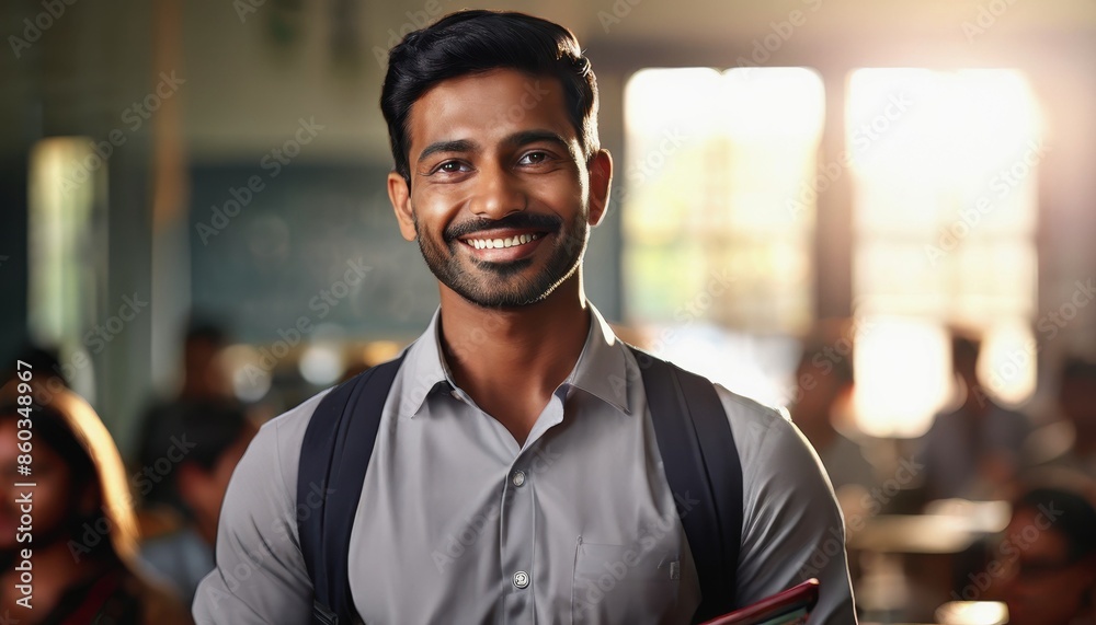 Teacher's Day in India. A smiling Hindu teacher in a classroom. male teacher in the background of the classroom Teacher's Day in India. A smiling Hindu teacher in a classroom. male teacher in the background of the classroom