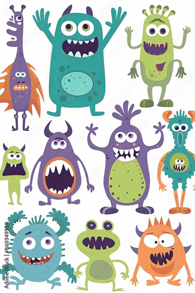 Colorful cartoon monsters with playful expressions on white background Colorful cartoon monsters with playful expressions on white background
